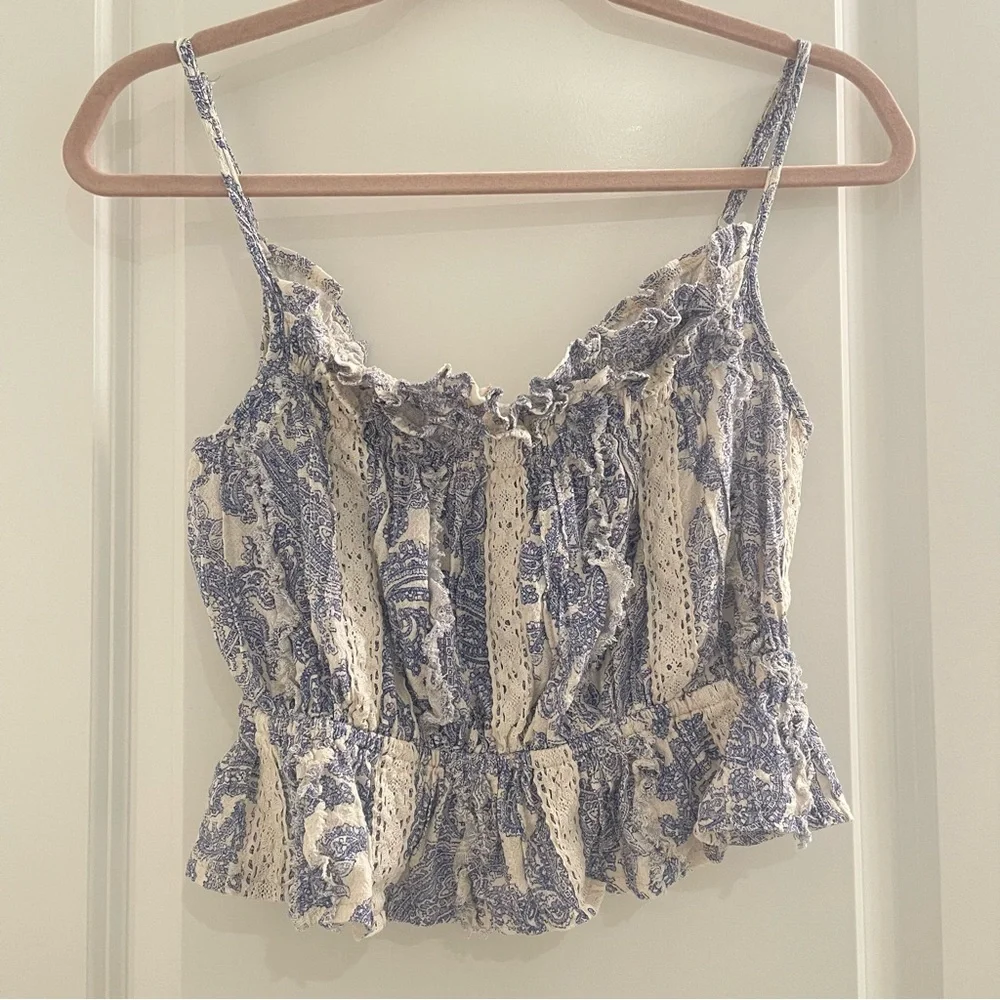 Olivaceous Blue & White Ruffled Smocked Paisley Cami - Picture 2 of 7
